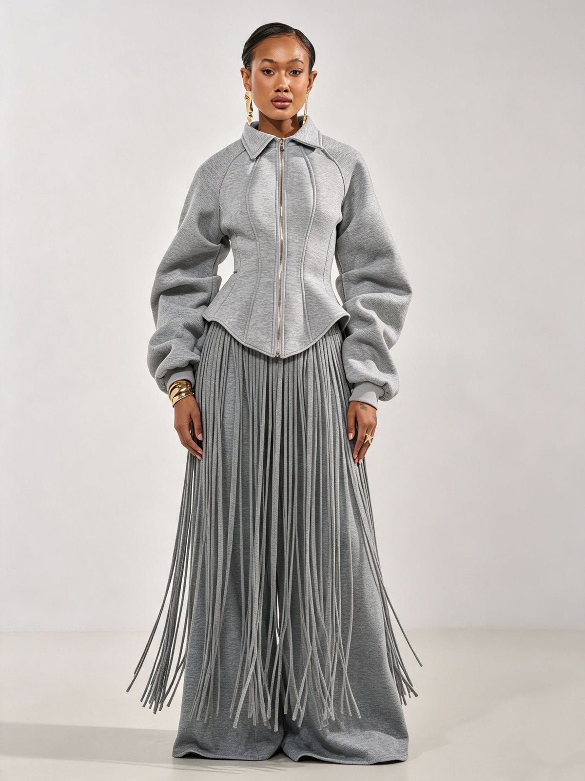 Sculptural Jacket & Fringe Wide-Leg Jogger Set