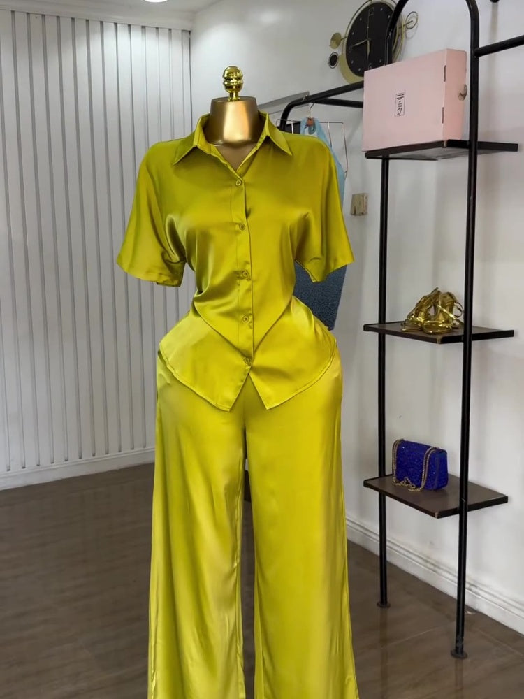 Yellow Backless Shirt Wide-Leg Trouser Set
