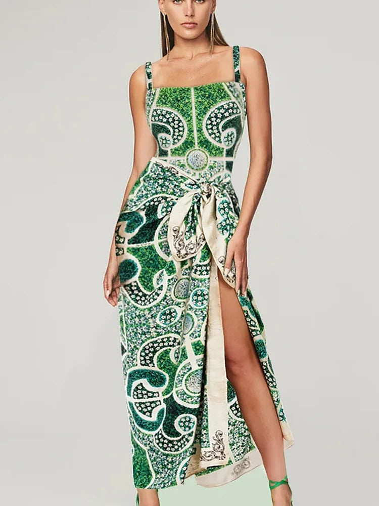 Green Ethnic Print One Piece Swimsuit Set