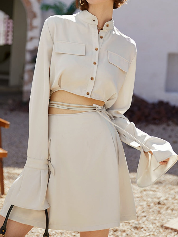 Button-Up Tie-Waist Skirt Set
