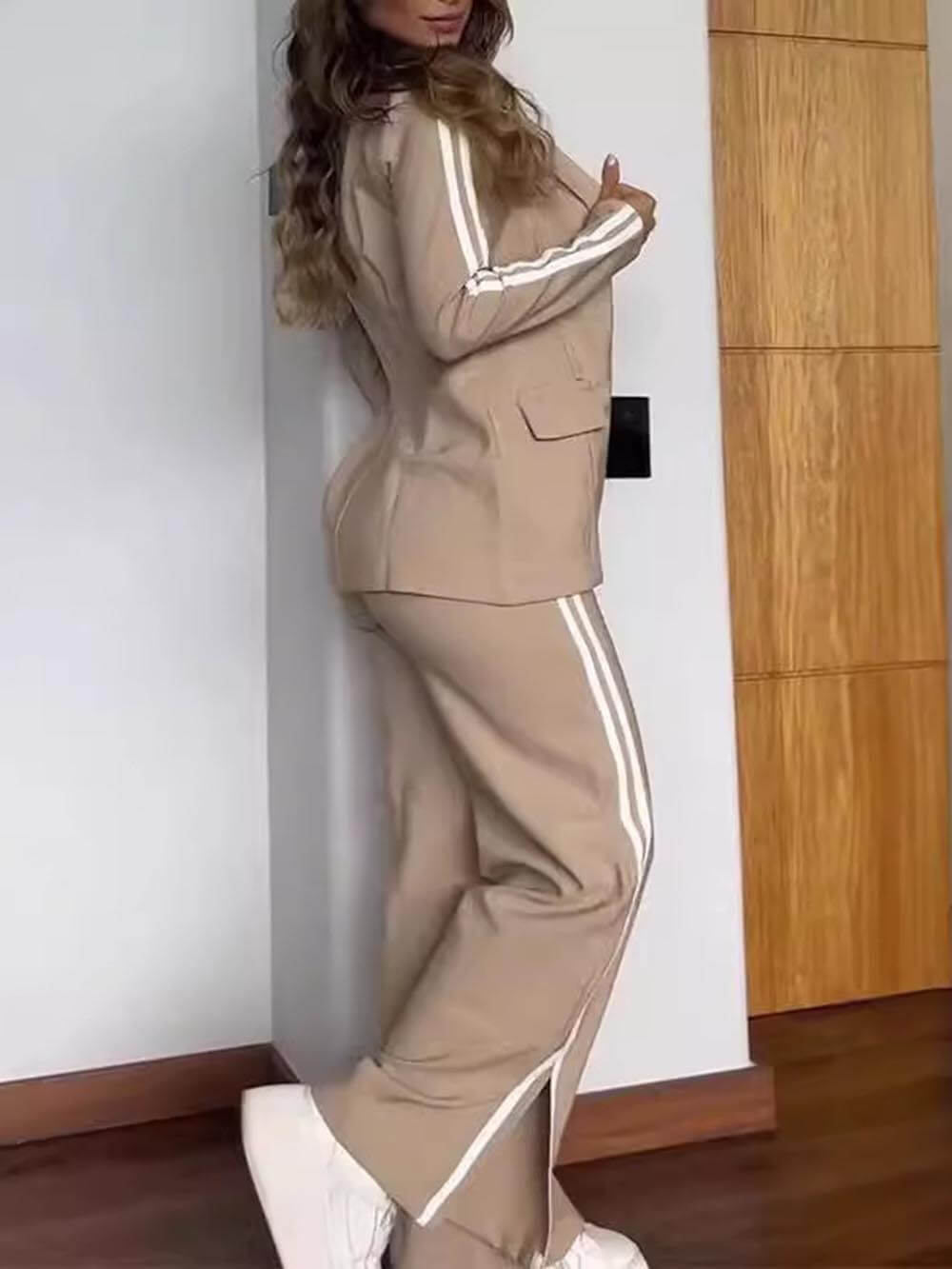 Sporty Striped Trim Lapel Blazer and Elastic Waist Pocket Loose Pants Set