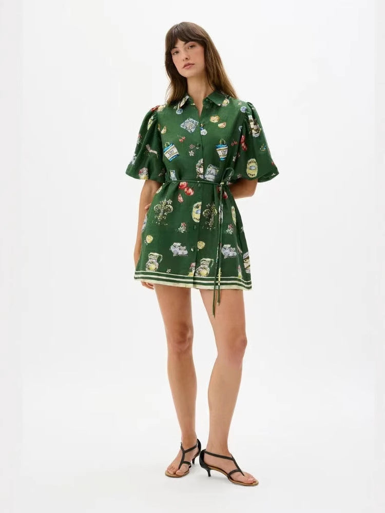 Elegant Puff Sleeve Mini-Green