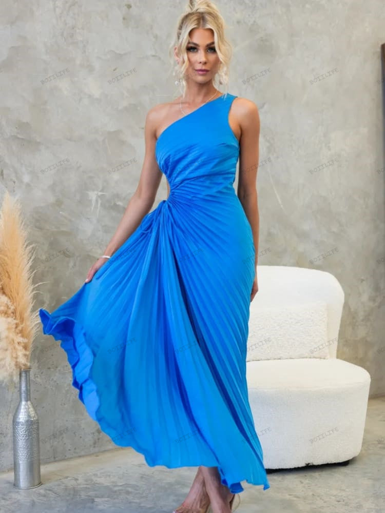 Pleated One-Shoulder Cut-Out Waist Gown
