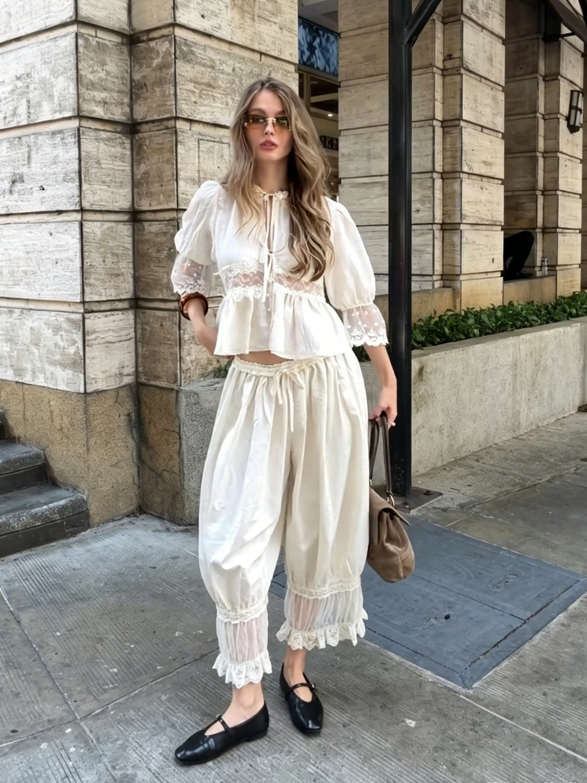 Lace Puff Sleeve Blouse & Cropped Bloomer Pants