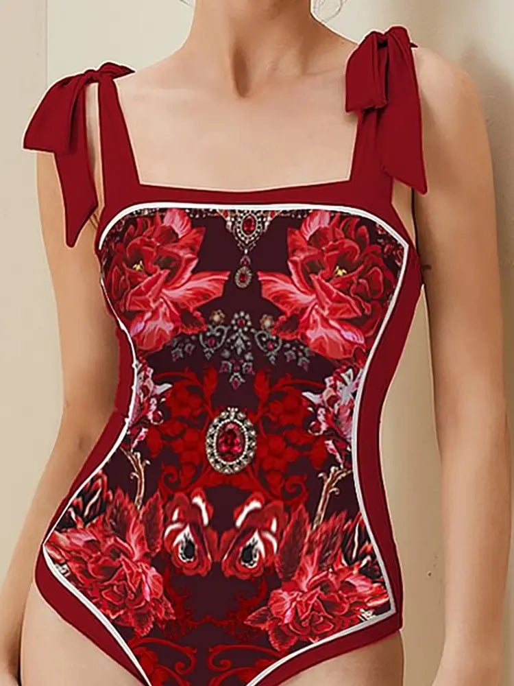 Red Floral Bow Tie Swimsuit Set