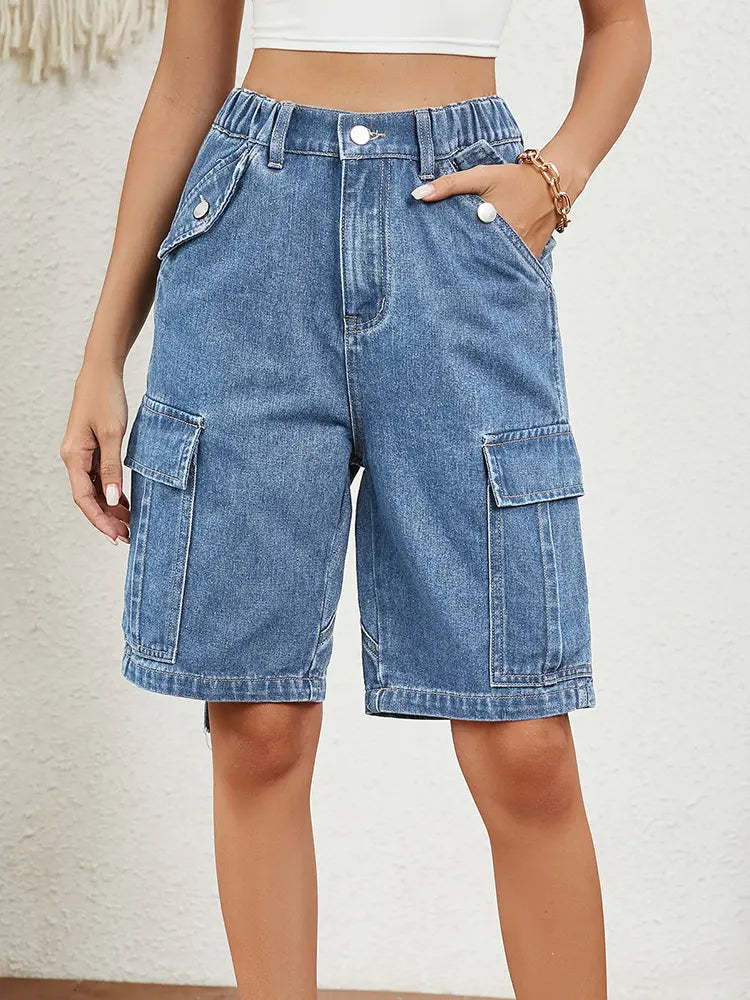 Washed Denim Cargo Shorts