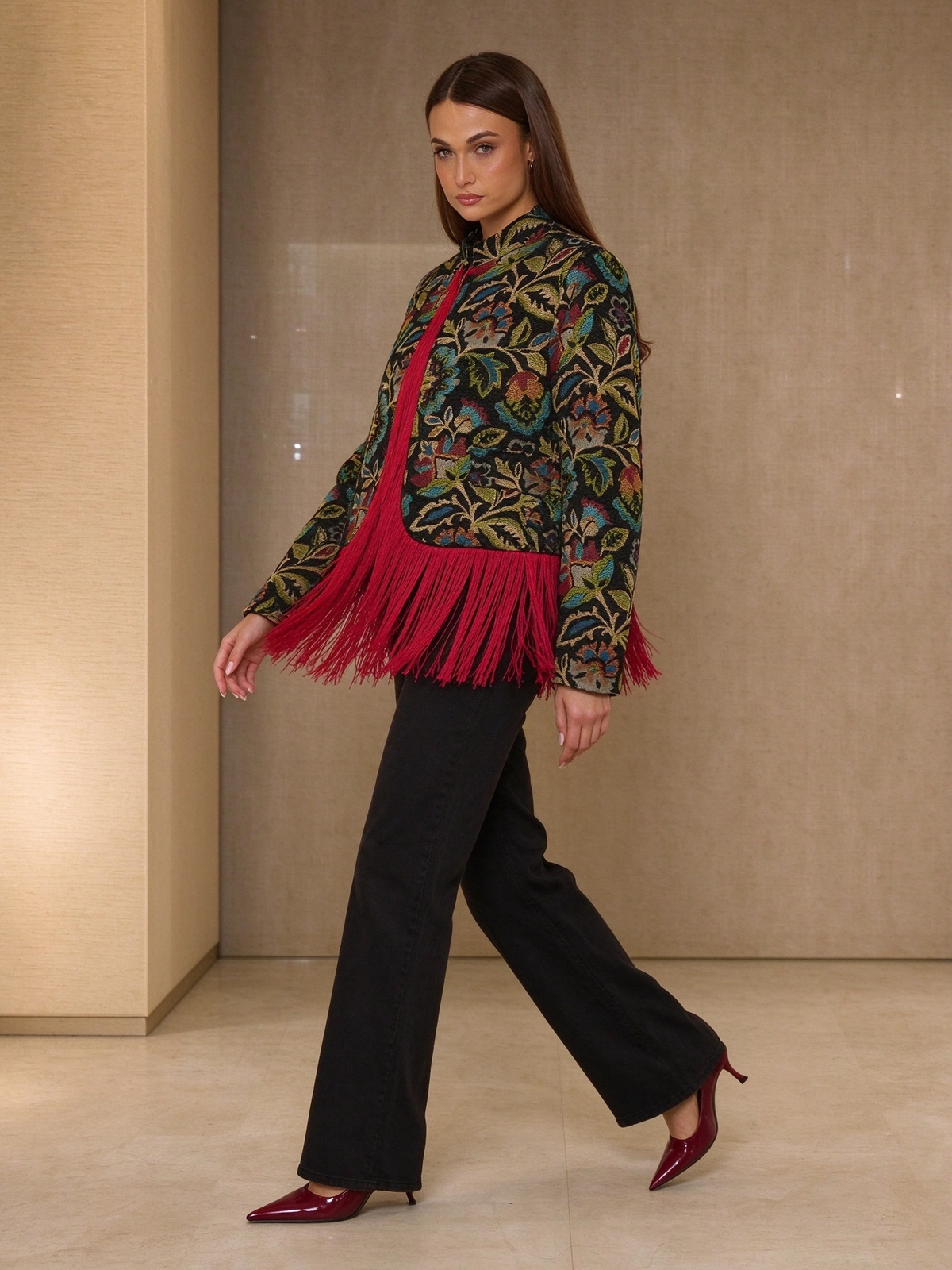 Vintage Floral Jacquard Fringe Jacket