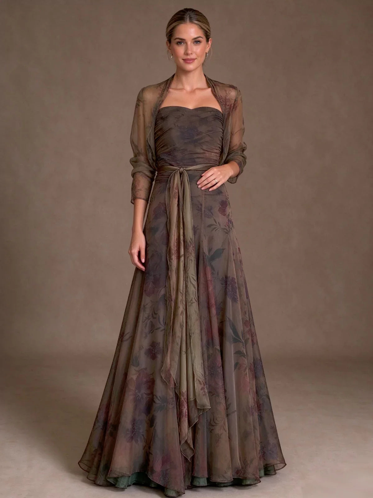 Contessa Floral Chiffon Gown with Sheer Bolero