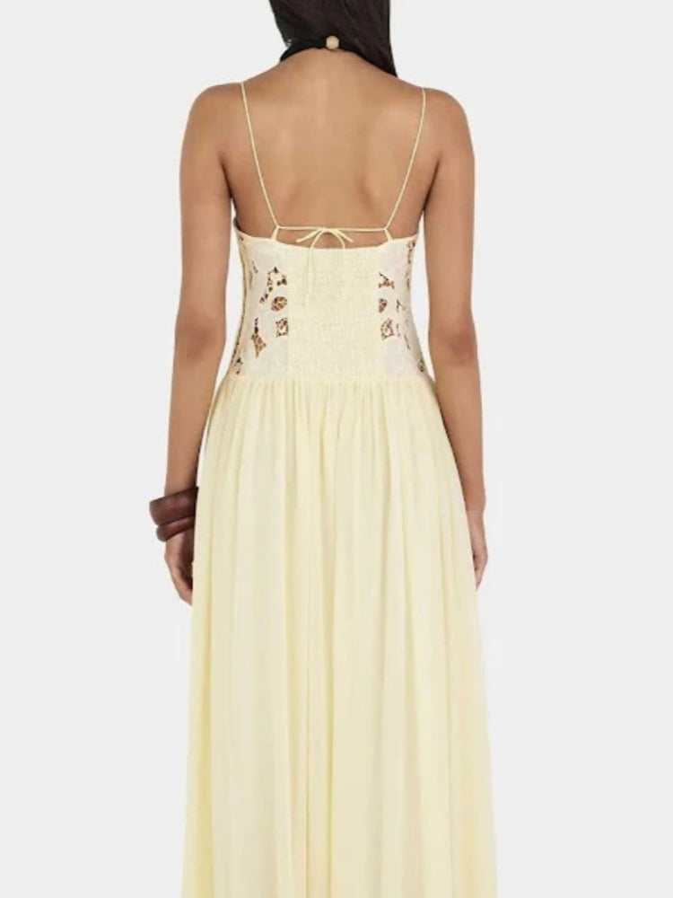 Creamy Yellow Lace Appliqué Chiffon Maxi Dress