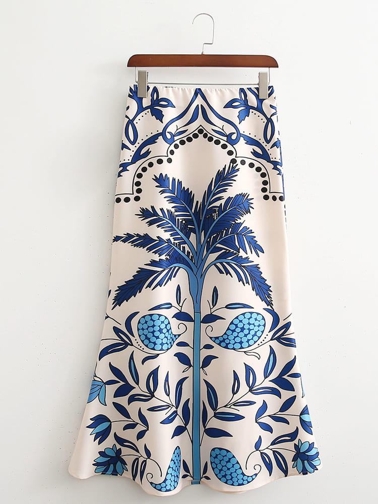 Fashion Printed V-Neck Long Sleeve Cropped Top and Skirt Set