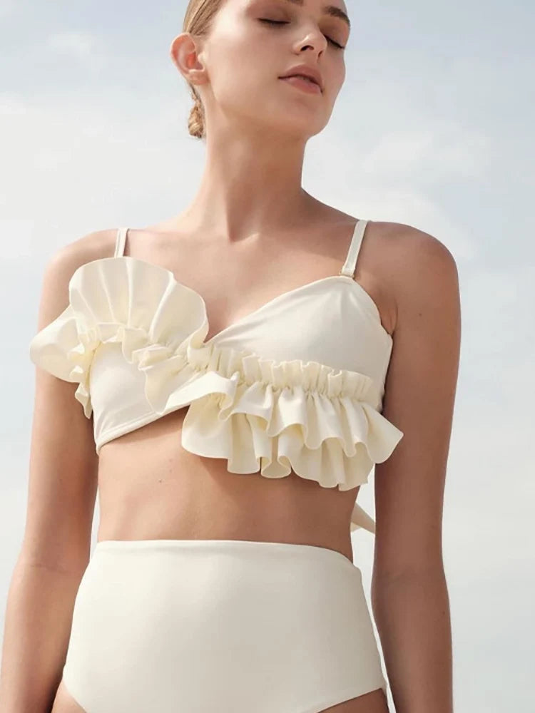 French Ruffle Solid Color Bikini Set