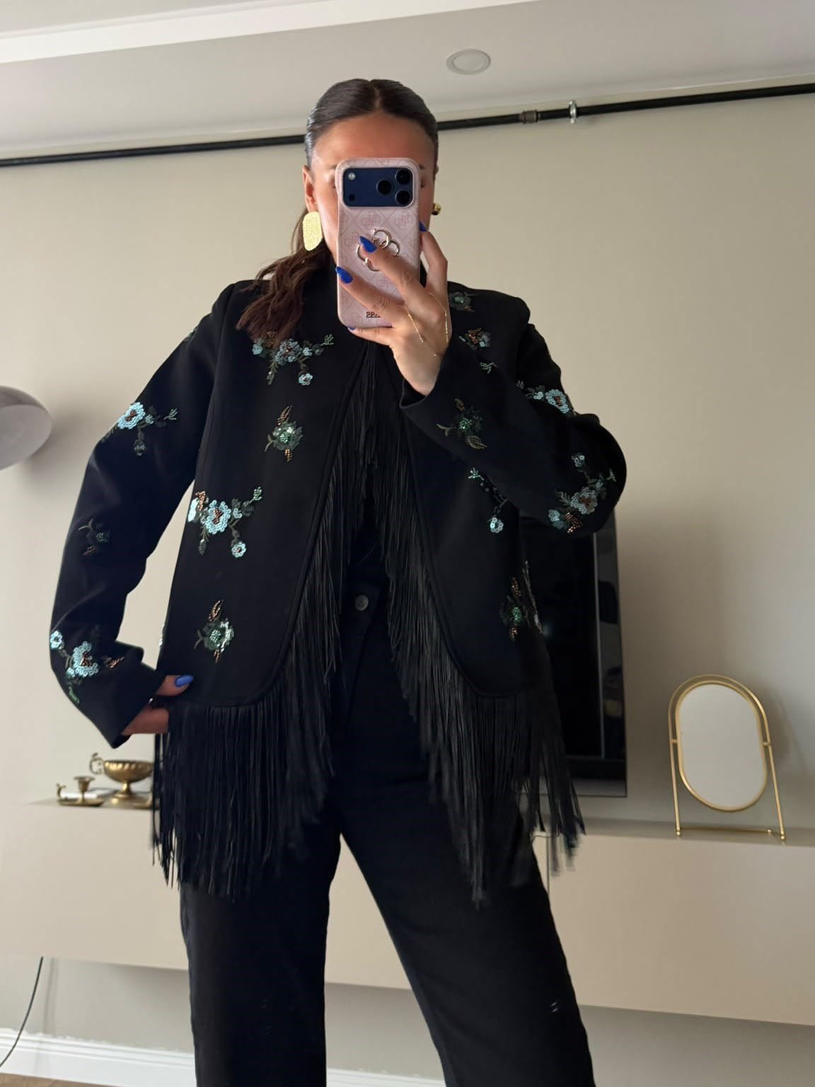 Sequin Floral Embroidery Fringe Jacket