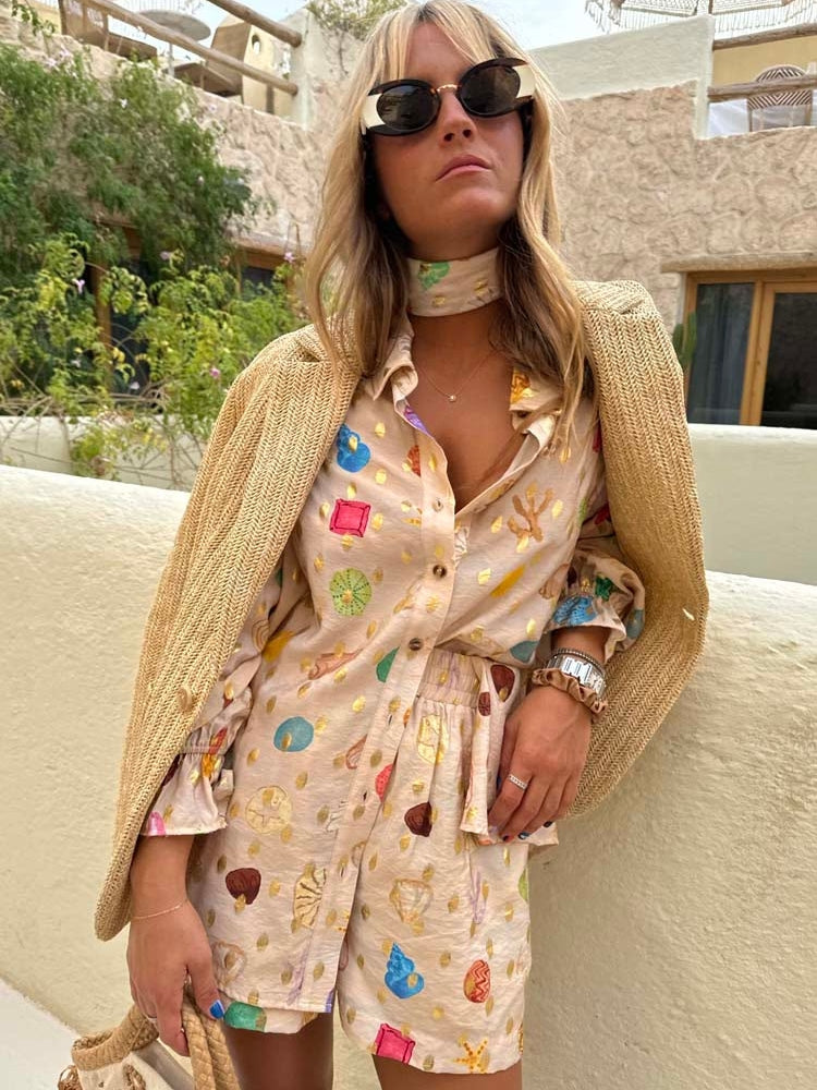 Stylish Linen Gold-Print Shorts Set