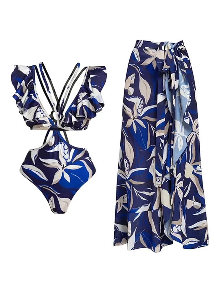 Off-Shoulder Tie-String Printed Cutout Monokini