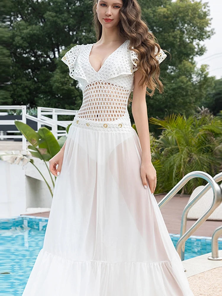 White Fishnet Ruffle Swimsuit Set