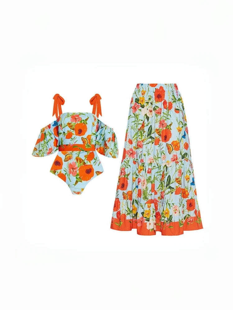 Floral Puff Sleeve Bandeau One-Piece Swimsuit