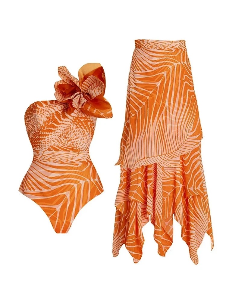 One-Shoulder Floral Salmon Print Swimsuit