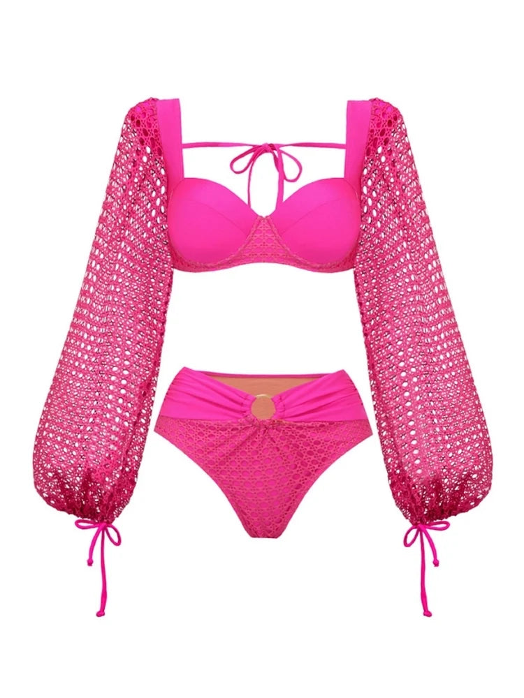 Fluorescent Pink Backless Swimsuit Set