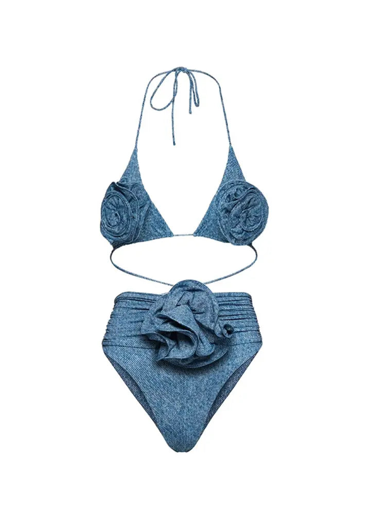 3D Floral Halter Sexy Bikini Set
