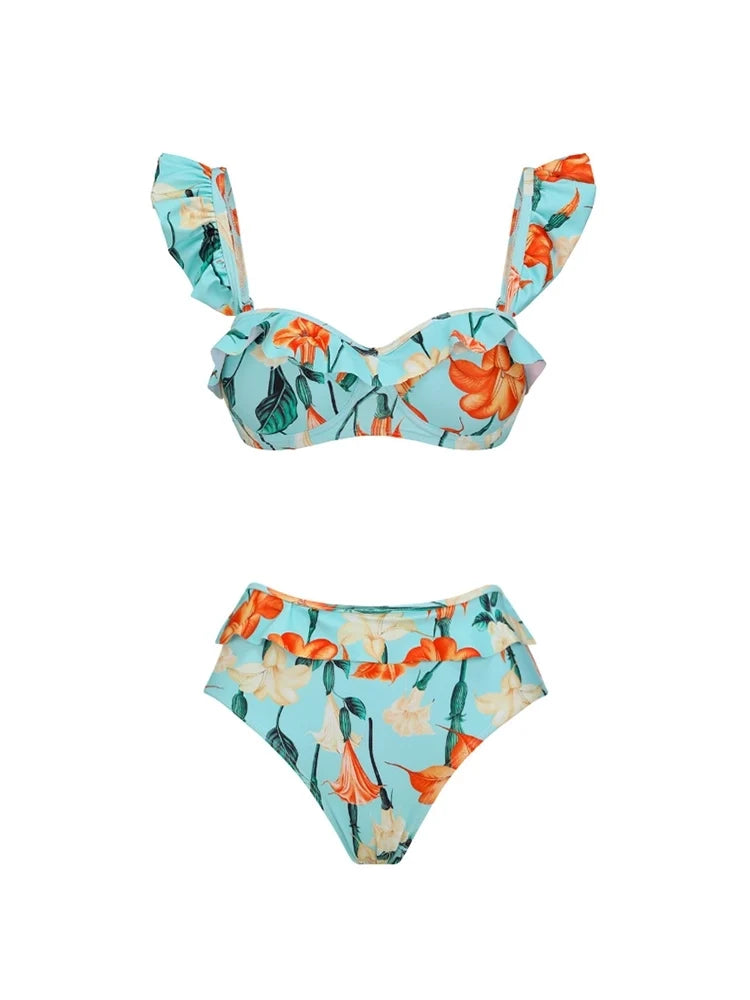 Ruffle Sleeve Trumpet Floral Bikini Set