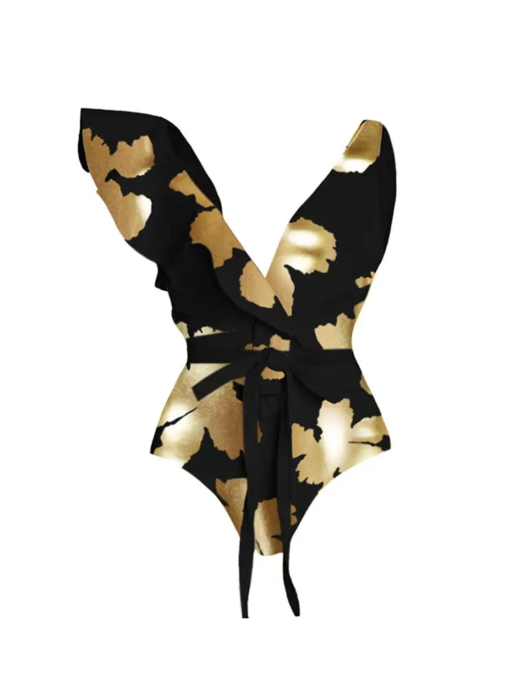 Foil Print Deep V Ruffle One Piece Swimsuit