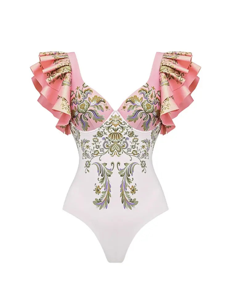 V Neck Ruffle Patchwork Ethnic Print Swimsuit