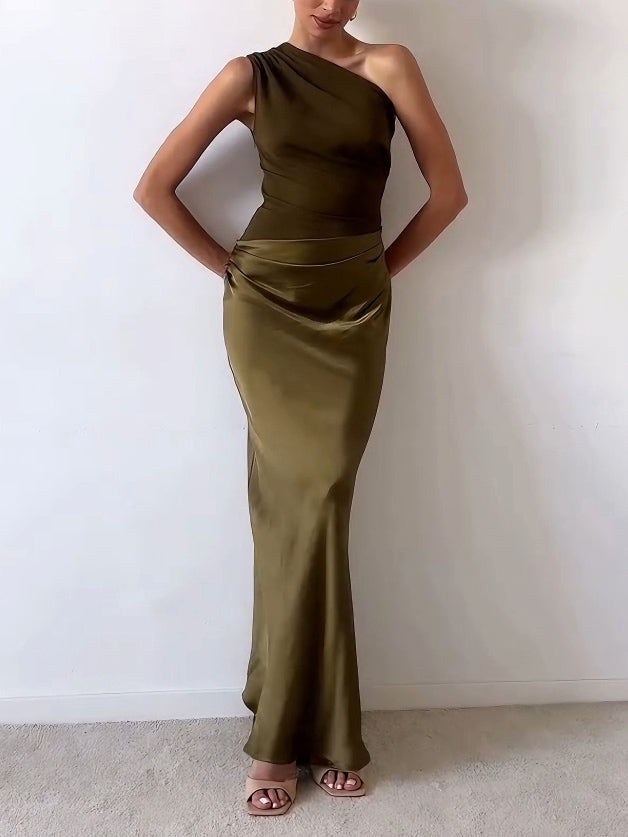 Elegant One Shoulder Neck Pleated Party Maxi Dress