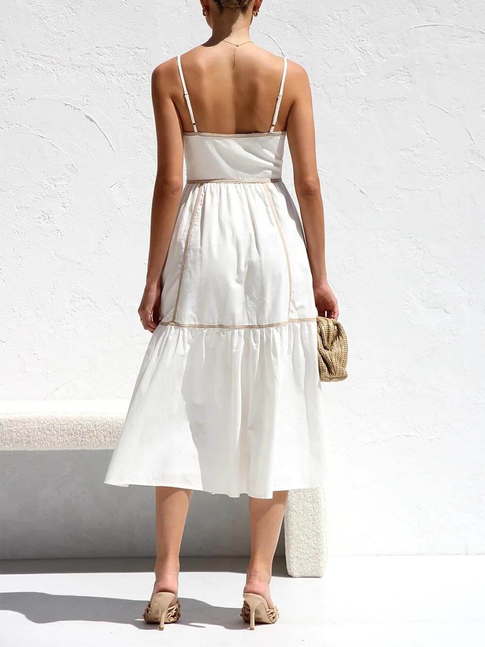 Contrast Color Trim Adjustable Straps Midi Dress