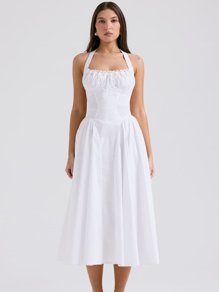 White Backless Halter Midi Dress