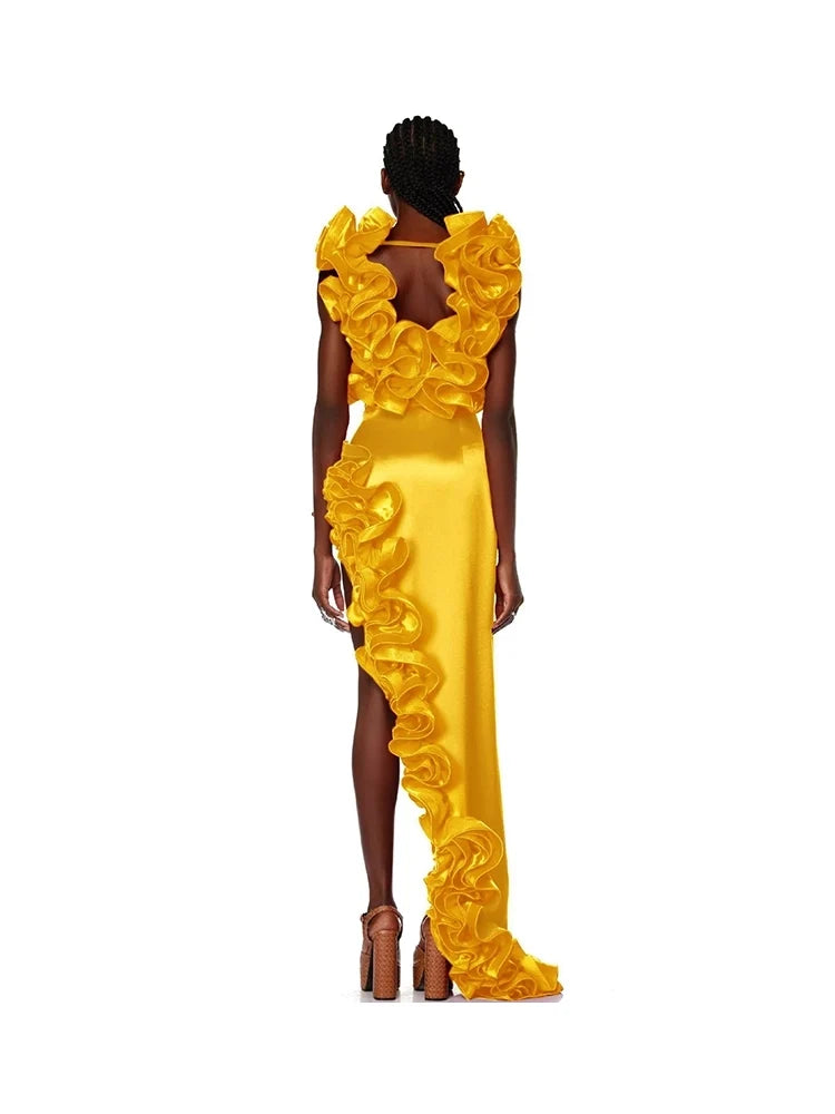 Ruffled V-Neck Yellow Swimsuit