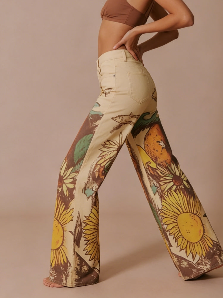 Sunflower Print Mid-Rise Straight Leg Jeans
