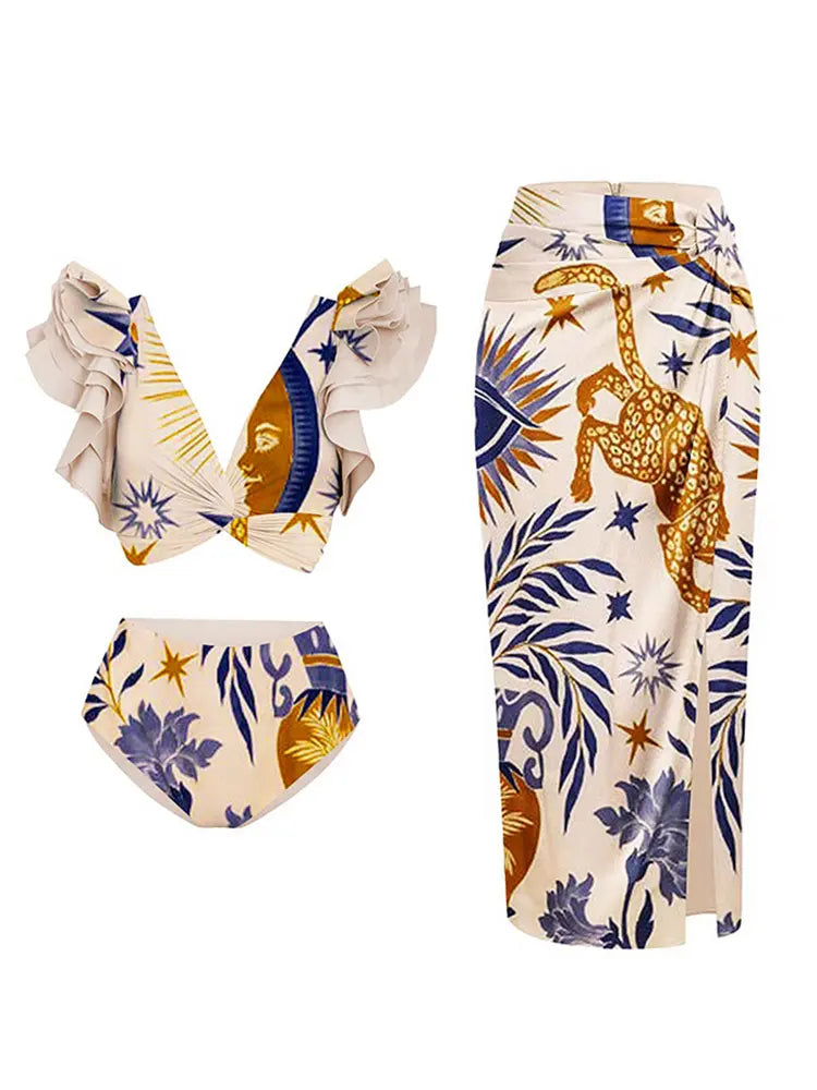Ruffled Ethnic Print Bikini Set for Women