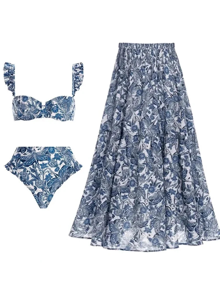 Blue Dragonfly Ruffle Skirt Swimsuit Set
