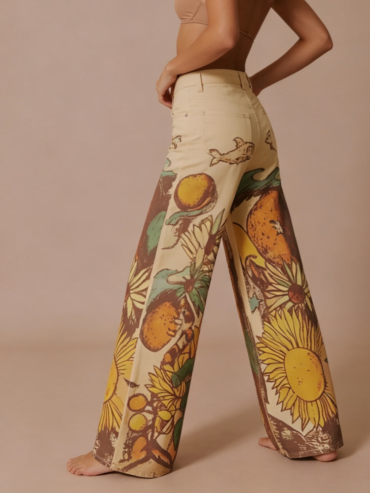 Sunflower Print Mid-Rise Straight Leg Jeans