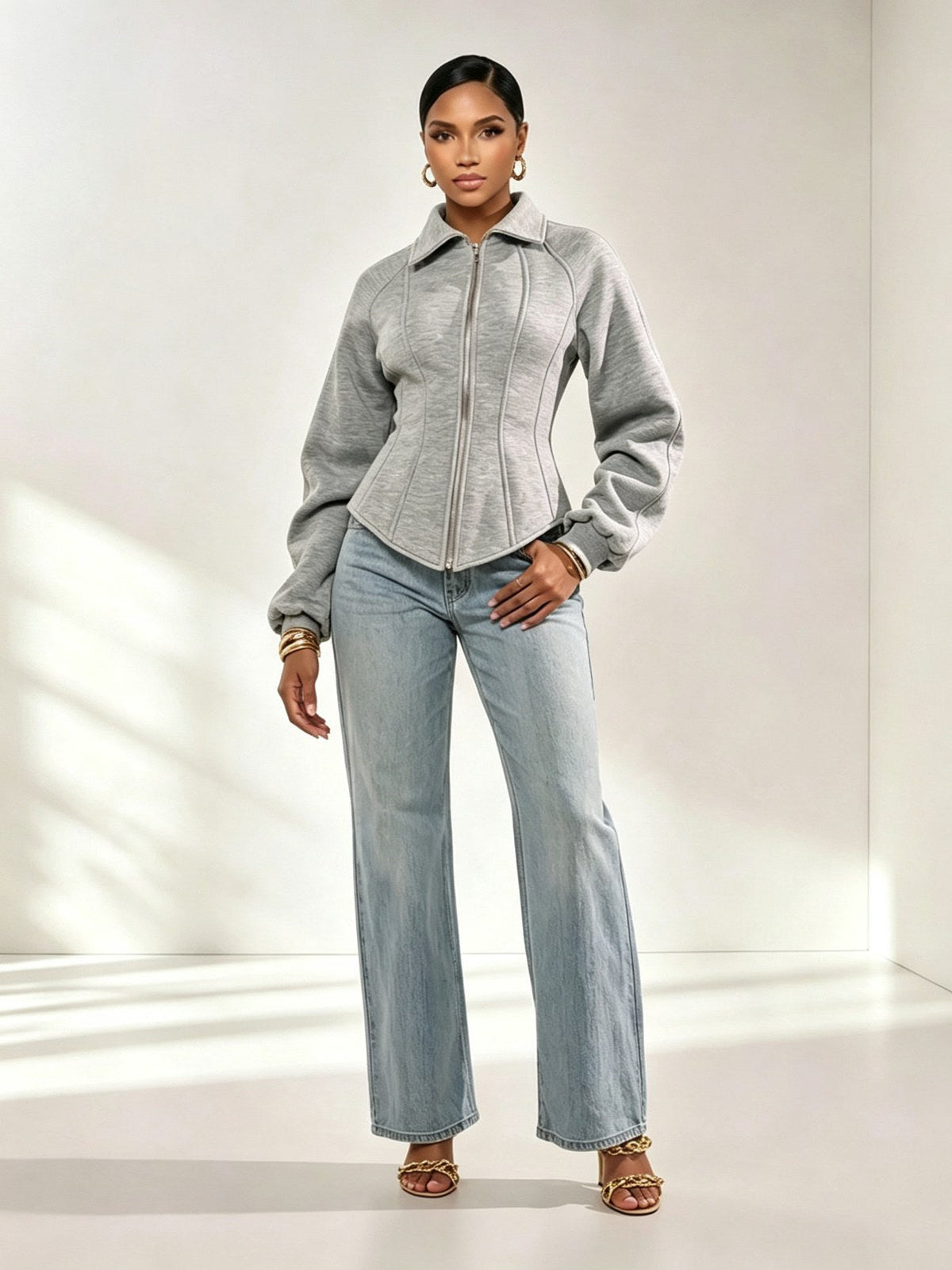 Grey Corset Waist Zip Up Jacket