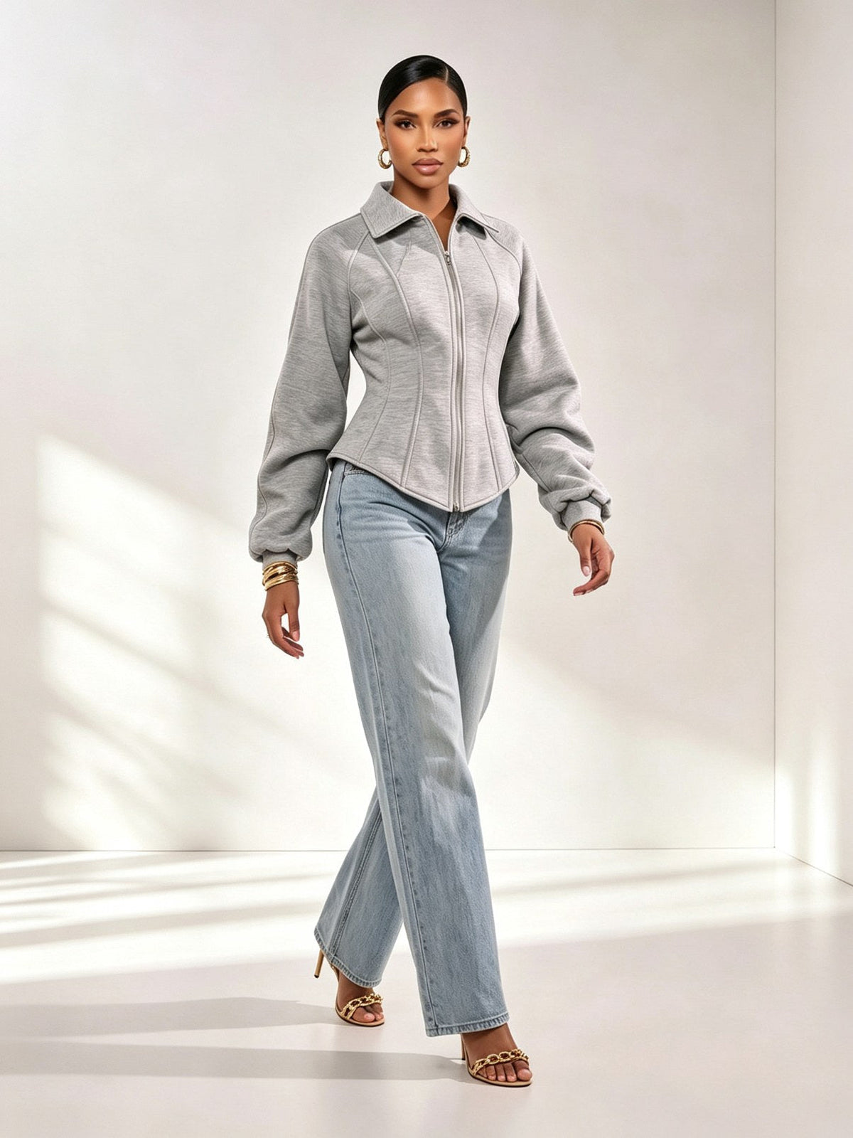 Grey Corset Waist Zip Up Jacket