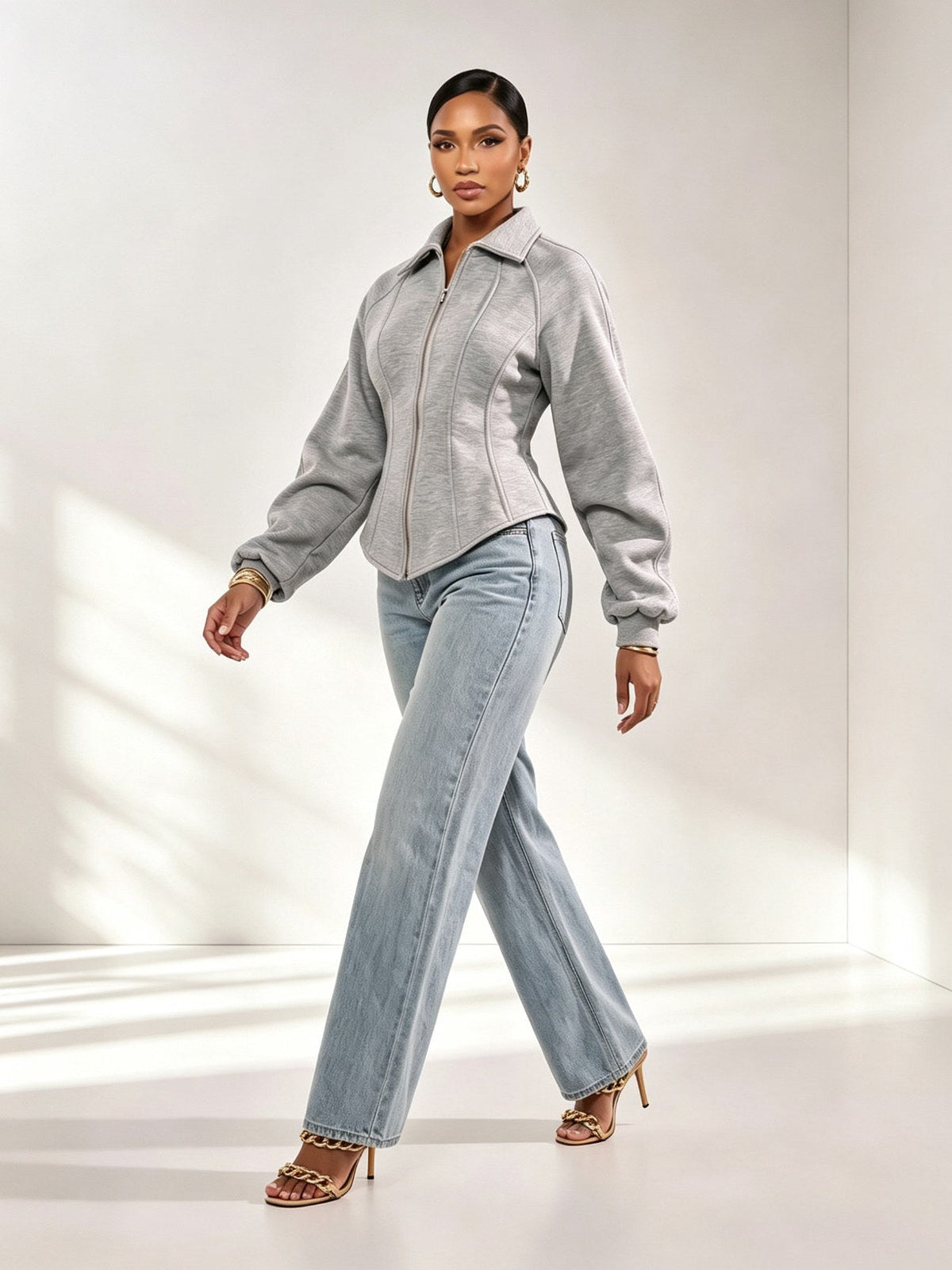 Grey Corset Waist Zip Up Jacket