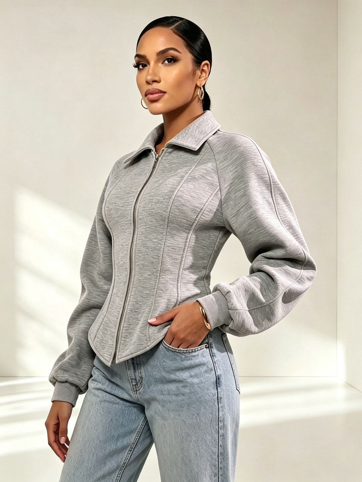 Grey Corset Waist Zip Up Jacket