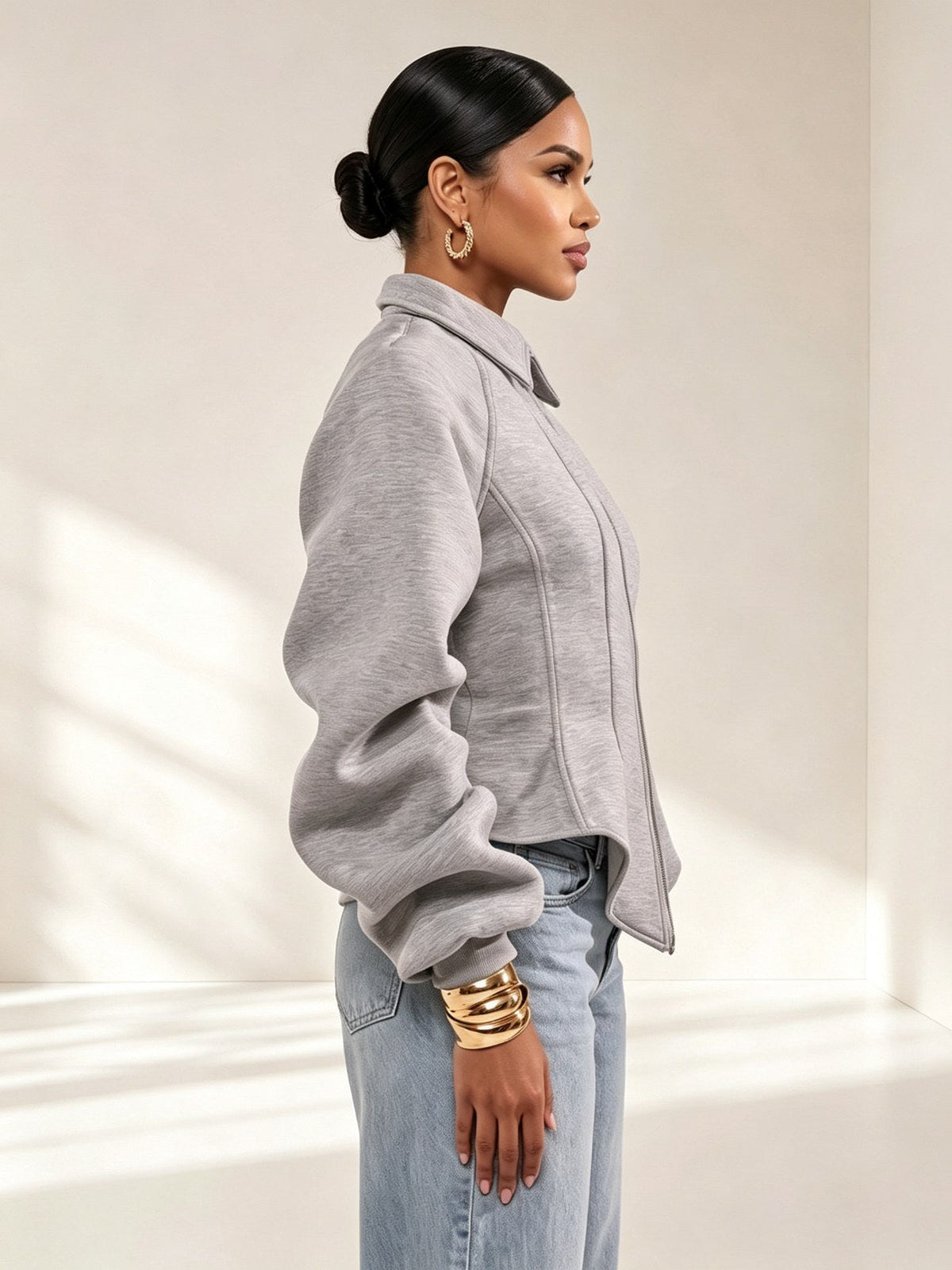 Grey Corset Waist Zip Up Jacket