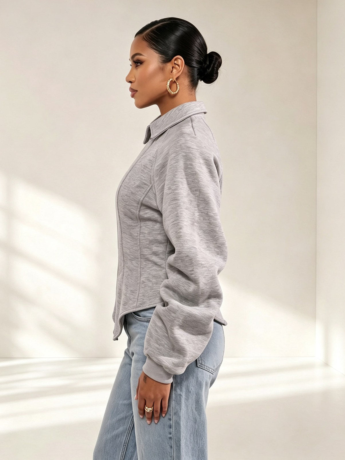 Grey Corset Waist Zip Up Jacket