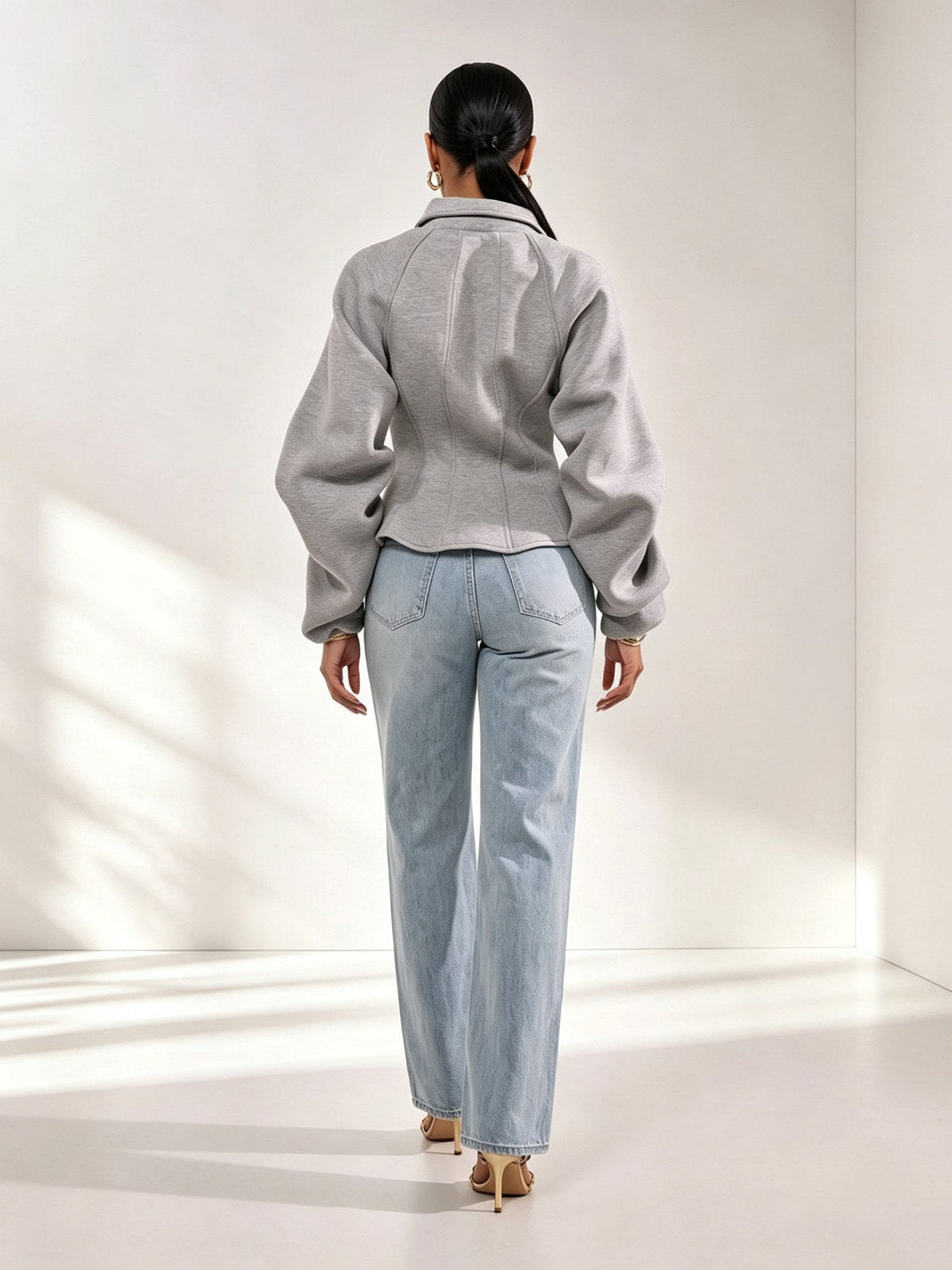 Grey Corset Waist Zip Up Jacket