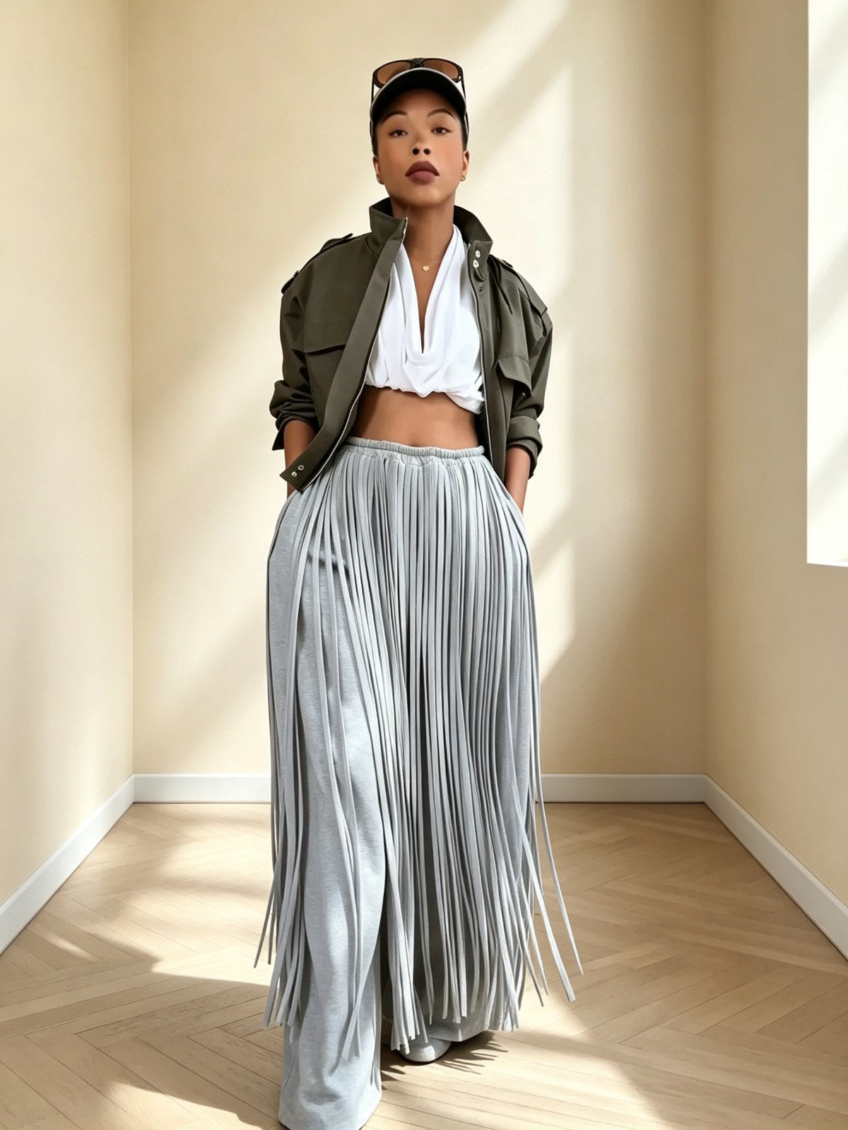 Grey Heavy Fringe Wide Leg Pants
