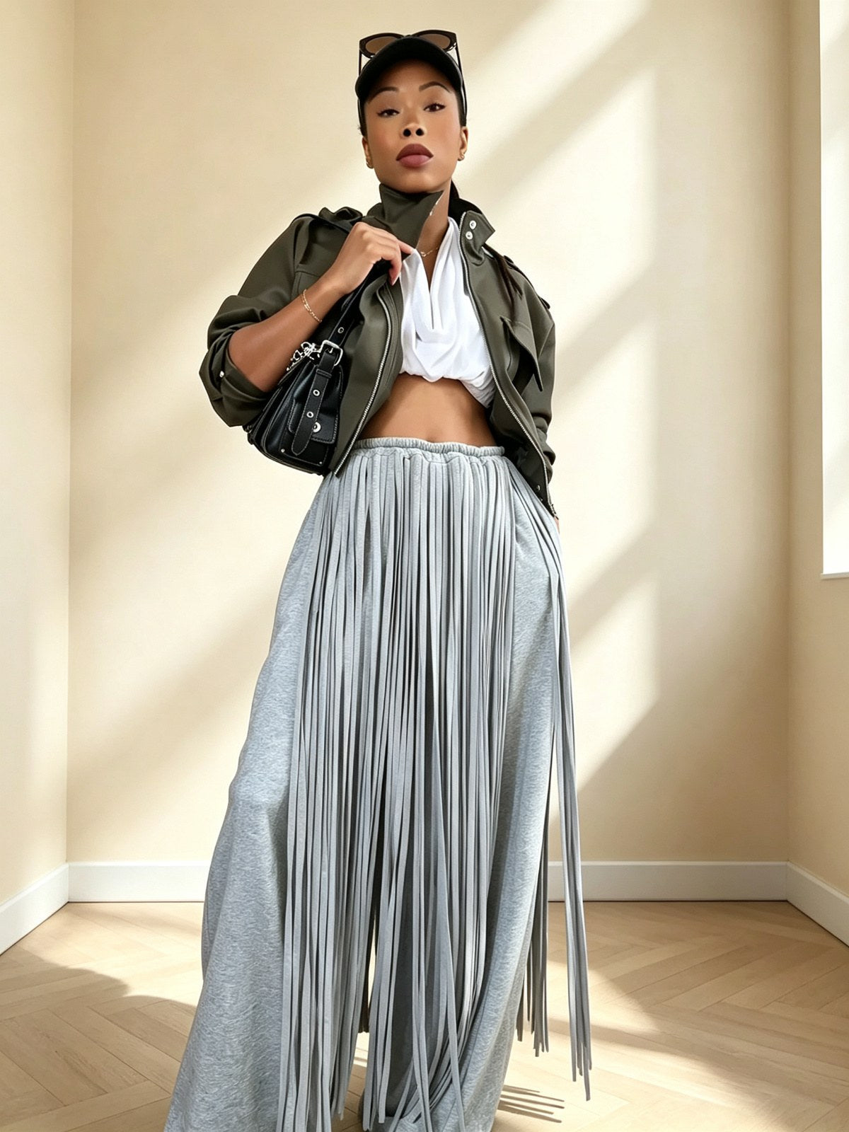 Grey Heavy Fringe Wide Leg Pants