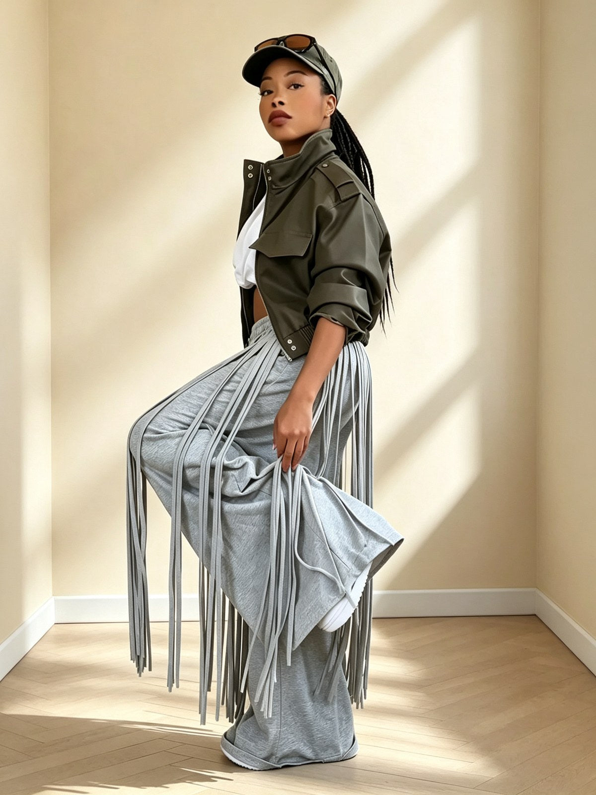 Grey Heavy Fringe Wide Leg Pants