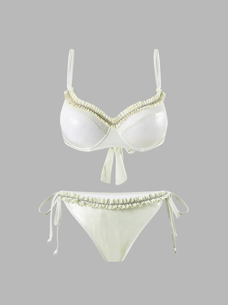 Ruched Tie-String Glossy White Bikini Set