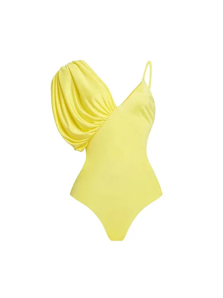 Puff Sleeve Solid Color Elegant Swimsuit