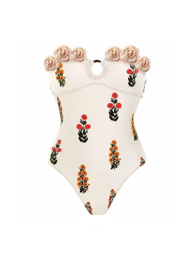 Strapless Floral Embellished One-Piece Swimsuit