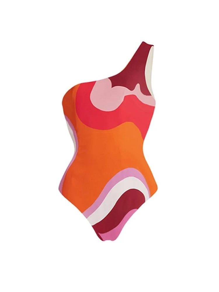 Geometric Print One Piece Swimsuit Set