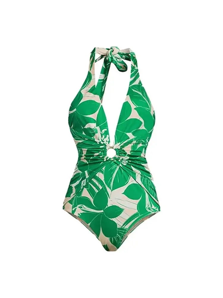 Green Halter Deep V One-Piece Swimsuit Set