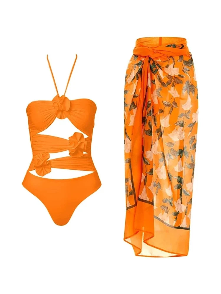 Halter 3D Floral Backless One Piece Swimsuit